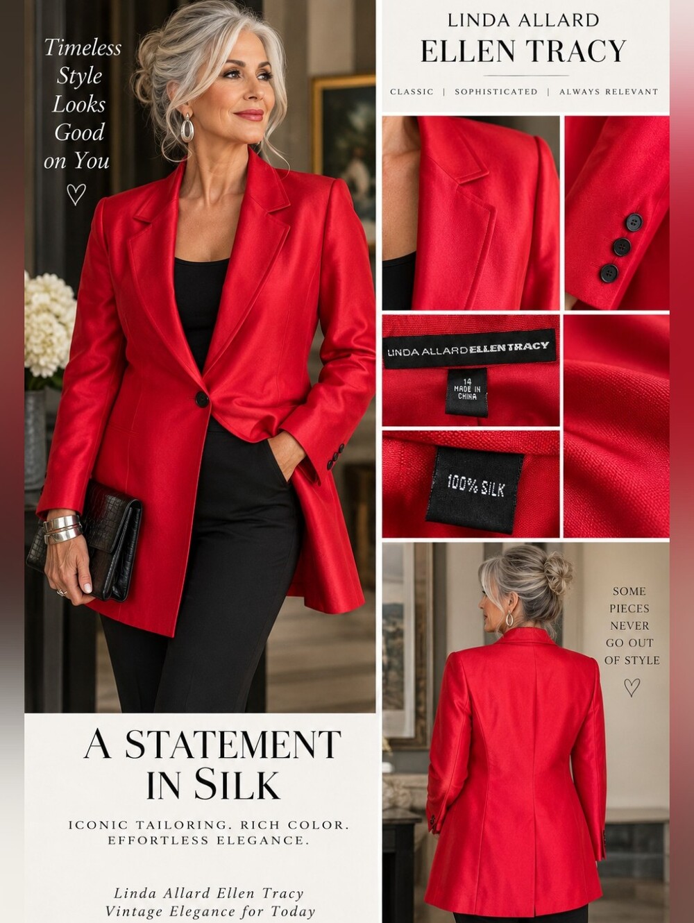Linda Allard Ellen Tracy 100% Silk Red Longline Blazer Jacket Size 14